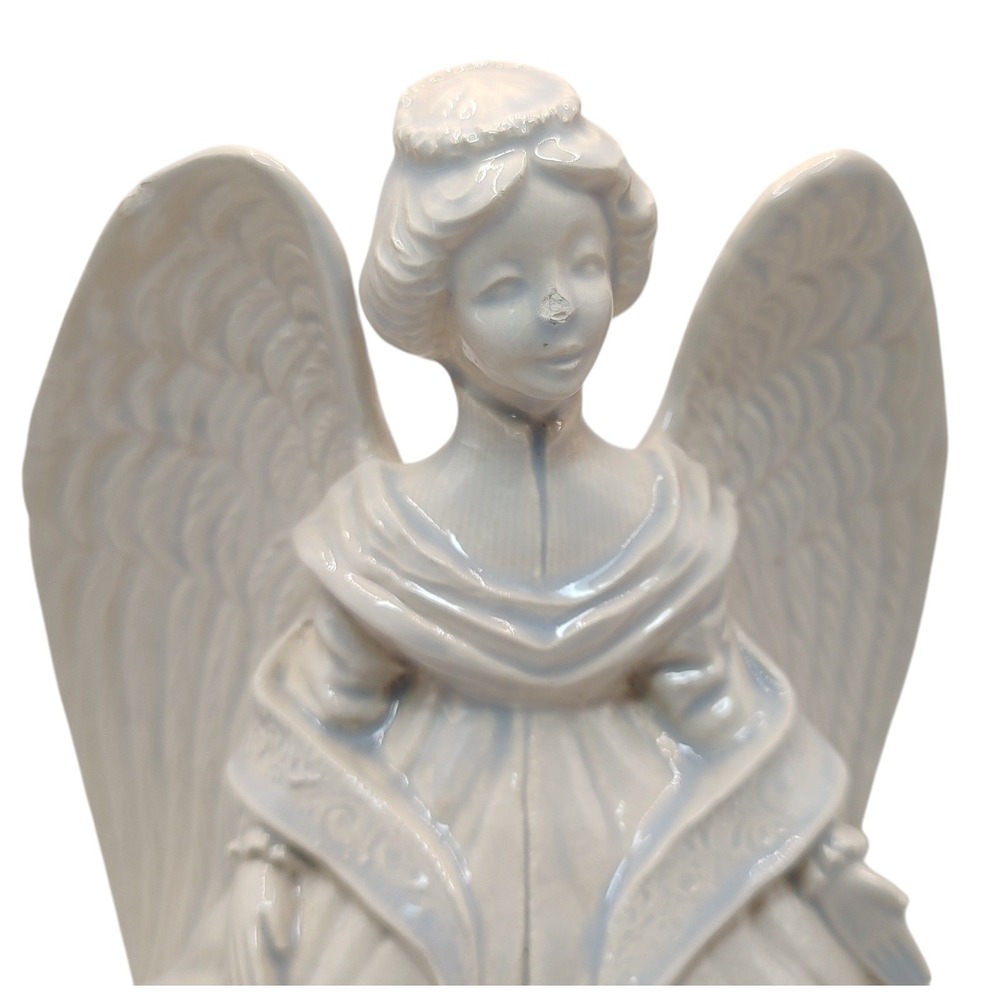 Vintage Ceramic Angel Statue‎ Figurine Dress Ivory Blue 1990s Handmade SEE